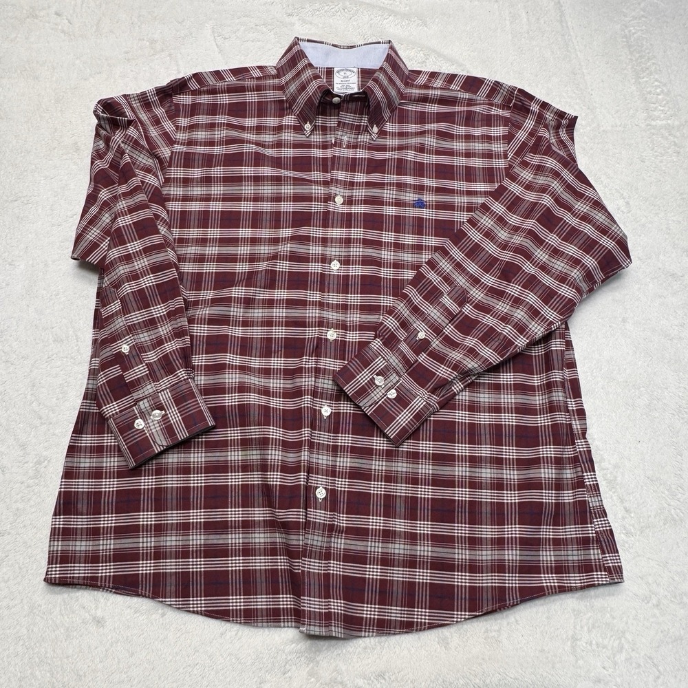 Brooks Brothers Button Down Mens XL Maroon Excellent Regent Fit Plaid‎ Non-Iron